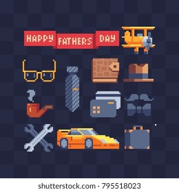 Men's accessories set. Pixel 80's art style. Happy father day. Dad holiday greeting. Design greeting and invitation cards. Isolated vector illustration.