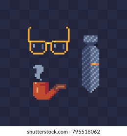 Men's accessories set. Pixel art 80s style. Glasses, tie and tobacco pipe. Isolated vector illustration. 