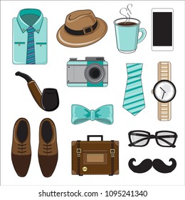 Men's accessories tie, shirt, hat, bag and glasses on a white background