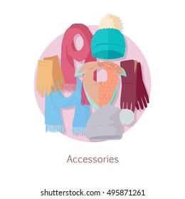 Men's accessories. Vector set with hand drawn colored object on theme of fashion. Fashionable clothes for man. Autumn winter new collection. Bags, shoes, hats and scarves. Vector in flat style