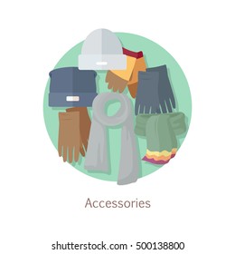 Men's accessories. Vector set with hand drawn colored object on theme of fashion. Fashionable clothes for man. Autumn winter new collection. Bags, shoes, hats and scarves. Vector in flat style