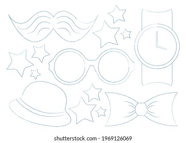 Men's Accessories. Vector set for Happy Fathers Day. Glasses, bow tie, mustache, hat, stars. Thin line drawing.