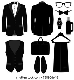 Accesorios para hombres. Conjunto de hombres casados. Diseño plano. Ilustración vectorial.