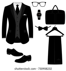 Men's Accessories. Wedding men's set. Flat design. Vector illustration.