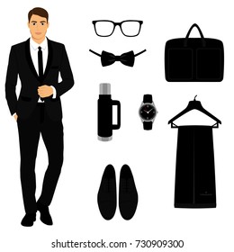 Men's Accessories. Wedding men's set. Flat design. Vector illustration.
