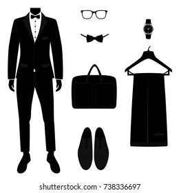 Men's Accessories. Wedding men's set.  Flat design. Vector illustration.