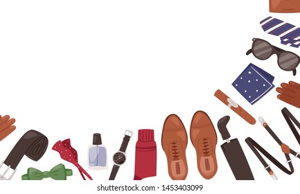 Mens accessory casual outfits banner vector illustration. Clothing essentials shoes, gloves, tie, bow and belt. Every day carry objects such as parfume and umbrella with glasses.