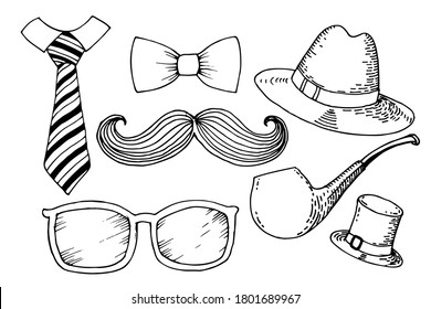 Men's accessory set. Hat, pipe, tie, bow tie, sunglasses, mustache. Hand drawn vector