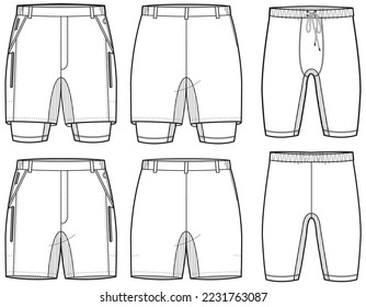 Men's  Active shorts with compression leggings inner tight shorts front and back view flat sketch fashion illustration drawing, Knitted Jogger short vector template