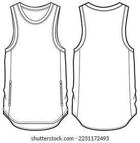 Men's active sleeveless Tank top vest flat sketch fashion illustration drawing template mock up with front and back view