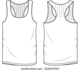 Men's Active Wear Racerback Tank Top Front and Back View. Fashion Illustration, Vector, CAD, Technical Drawing, Flat Drawing, Template, Mockup.