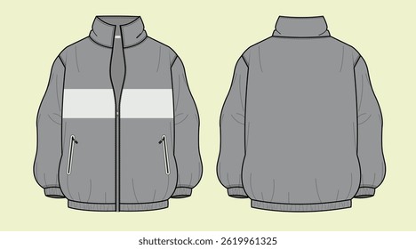 Men's activewear drop shoulder zip through funnel neck jacket technical drawing fashion flat illustration sketch vector illustration template front and back views outline CAD mockup