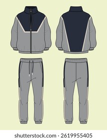 Men's activewear high neck colour block jacket and jogger tracksuit technical drawing fashion flat illustration sketch vector illustration template front and back views outline CAD mockup