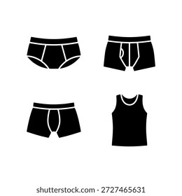 Silhuetas masculinas de vestuário com vários estilos de roupa interior, boxers e tops de tanque.