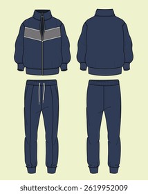 Men's athleisure high neck zip through jacket and jogger tracksuit technical drawing fashion flat illustration sketch vector illustration template front and back views outline CAD mockup
