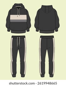 Men's athleisure hoodie and jogger tracksuit technical drawing fashion flat illustration sketch vector illustration template front and back views outline CAD mockup