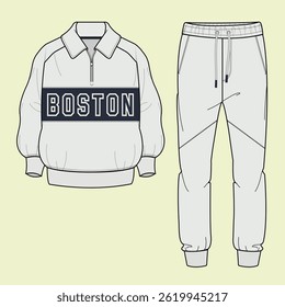 Men's athlisure high neck zip through raglan sleeve jacket and jogger tracksuit technical drawing fashion flat illustration sketch vector illustration template front and back views outline CAD mockup