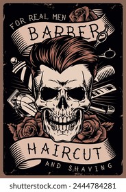 Póster vintage colorido del barbero de los hombres con el cráneo con la sonrisa terrible y las herramientas de afeitado cerca de la Ilustración vectorial de las flores