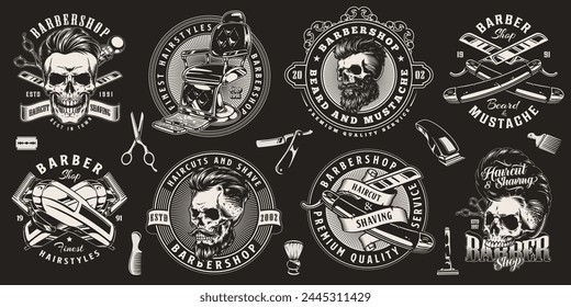 Mens barber set labels monochrome horror style with skulls and retro tools for cutting hair and shaving beard vector illustration