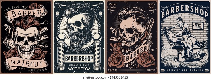 Mens barbershop set posters colorful with skulls and roses for price list design for haircuts and shaving services vector illustration