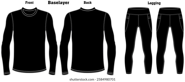 Mens base layer set top and bottom fashion flat sketch vector illustration