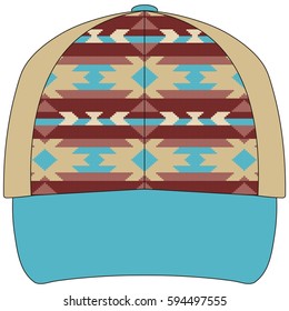 Men's baseball cap. Sports uniform clothing for game. Tribal ethnic pattern fabric. Vector illustration.