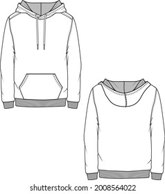 Mens Basic Hoodie Sweatshirt Flat Sketches Technical Drawing Template Design Vector