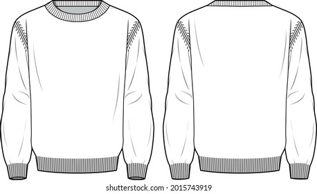Men's Basic Regular Fit Sweater- Sweater technical fashion illustration. Flat apparel sweater template front and back, white color. Men's CAD mock-up.