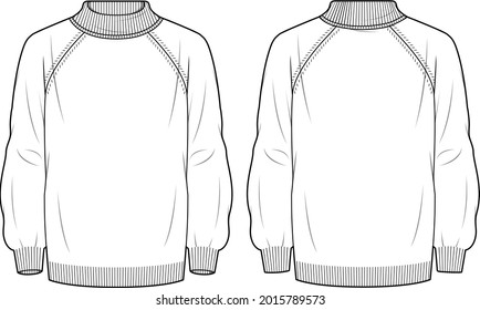 Men's Basic Regular Fit Sweater- Sweater technical fashion illustration. Flat apparel sweater template front and back, white color. Men's CAD mock-up.