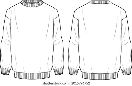 Men's Basic Regular Fit Sweater- Sweater technical fashion illustration. Flat apparel sweater template front and back, white color. Men's CAD mock-up.