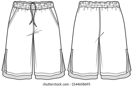 men's basket ball shorts front and back view technical sketch. unisex sportswear shorts vector illustration CAD mockup.