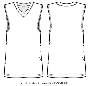 Men's Basketball sleeveless T Shirt vest flat sketch fashion illustration drawing template mock up with front and back view. Basketball jersey Tank top cad drawing template