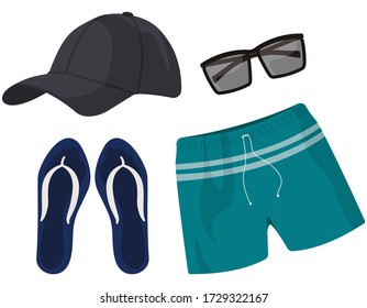 Men's beach set. Fashionable things in cartoon style.