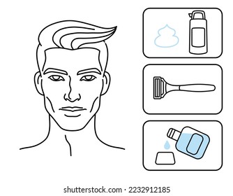 Men's beard hair removal before and after, Beauty body care concept with razor. Vector design illustration.