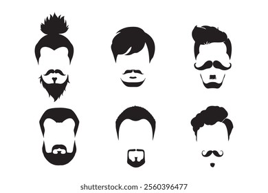 Men's Beard and Hairstyle icons set for barber logos and men's haircuts and fashion styles.