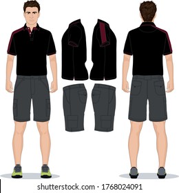 Men's Bermuda shorts Men's polo-shirt design templates (front, back and side views).