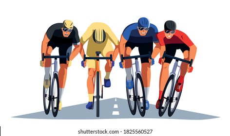 Men's bicycle race. Cyclists at the finish line are fighting for the victory.  men's multiple stage bicycle race. Final sprint front view. Athletes on bikes are finishing the race.  Vector flat design