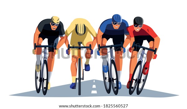 Men\'s bicycle race. Cyclists at the finish line\
are fighting for the victory.  men\'s multiple stage bicycle race.\
Final sprint front view. Athletes on bikes are finishing the race. \
Vector flat design