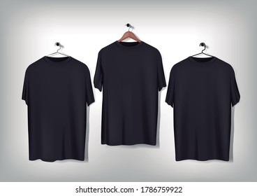 Men's black basic t-shirts mockup with wood and metal hanger.