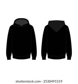 Men's black blank hoodie template showcasing both sides on an invisible mannequin. Isolated on a white background, perfect for design mockups and print projects.