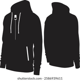 Men's black blank hoodie template showcasing both sides on an invisible mannequin. Isolated on a white background, perfect for design mockups and print projects.