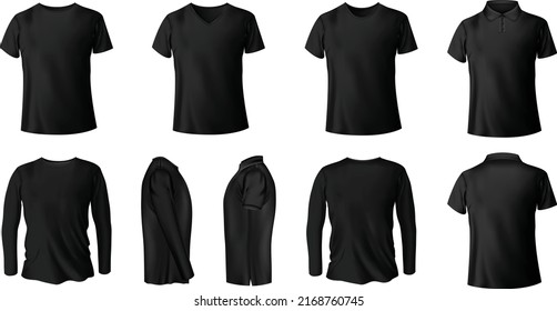 Men's black blank T-shirts template,from two sides, natural shape on invisible mannequin, for your design mockup for print, isolated on white background eps 10 illustration.