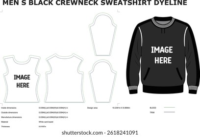 Mens black crewneck sweatshirt dyeline technical drawing fashion flat sketch vector template design ready for branding
