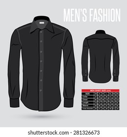 Men's Black Dress Shirt - Front And Back With Size Chart - Vector Illustration
