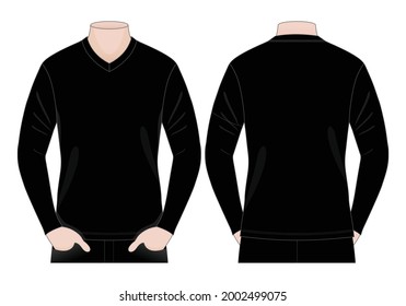 Men's Black Long Sleeves V-Neck Shirt Template On White Background.Front and Back View, Vector File.