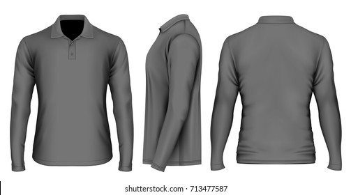 Men's black polo-shirt front, back and side views. Vector illustration.