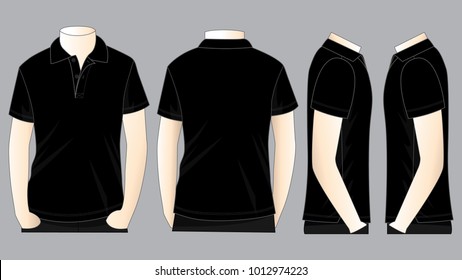 Men's ฺBlank Black Short Sleeve Polo Shirt Vector For Template.Front, Back And Side Views.