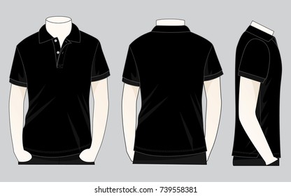Men's Black Short Sleeve Polo Shirt Vector For Template.Front, Back and Side View.