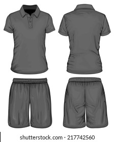 Men's black short sleeve polo-shirt and sport shorts design templates (front and back views). Vector illustration.