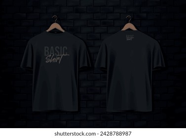 Men's black short sleeve t-shirt mockup in black wall surface with dark bricks. Front view. Vector template.